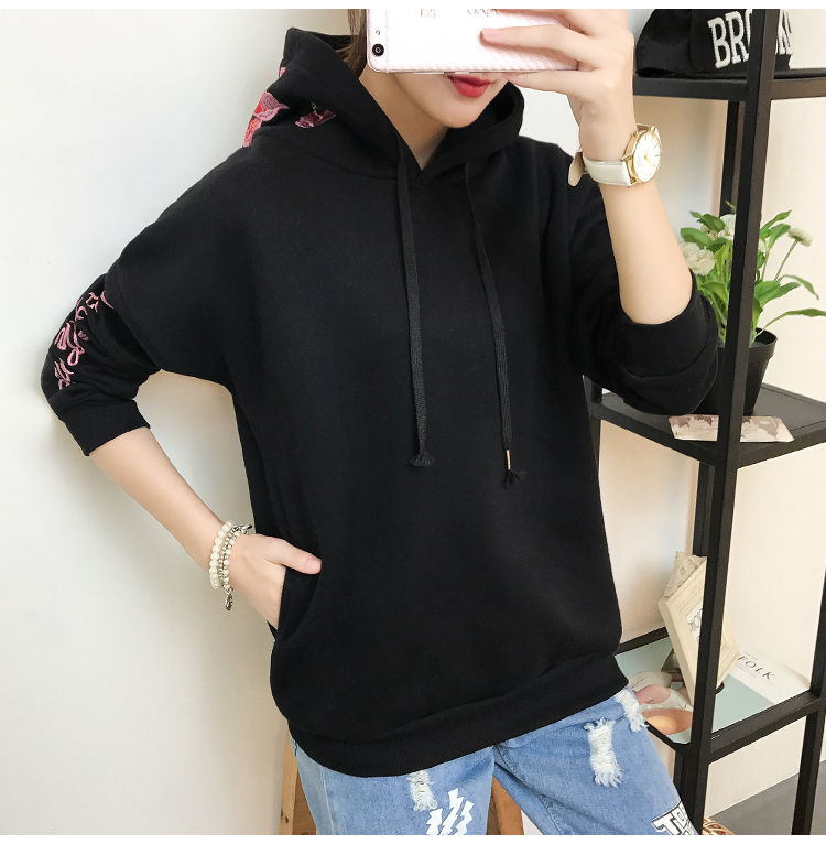 GW2042 Lovely Embroidery Hooded Top Black