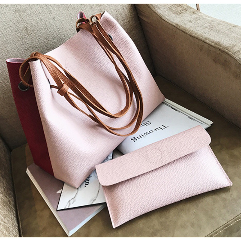 RD90014 Women Duo Color Bucket Bag Pink Red