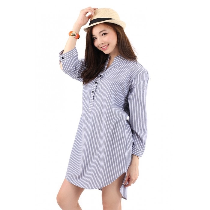 QA-206 Women Stripe Long Top Blue Grey