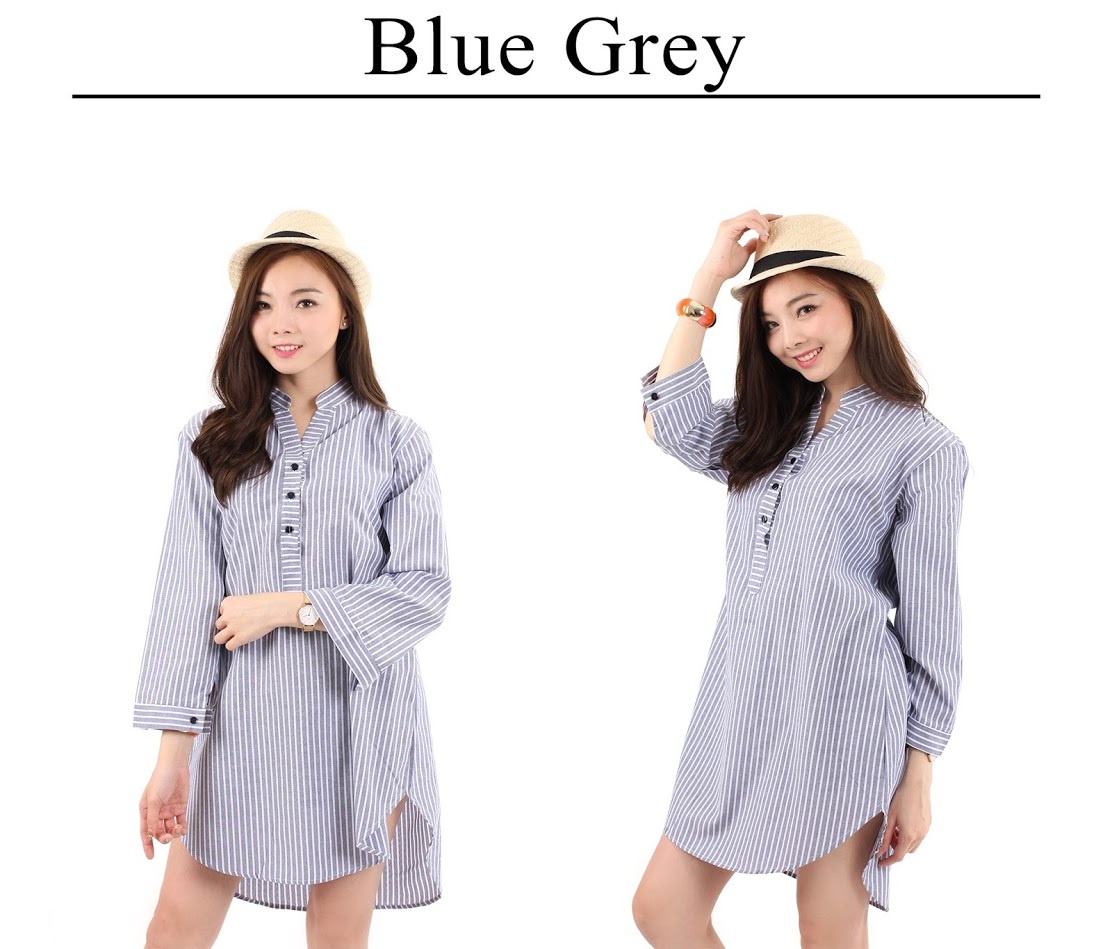 QA-206 Women Stripe Long Top Blue Grey