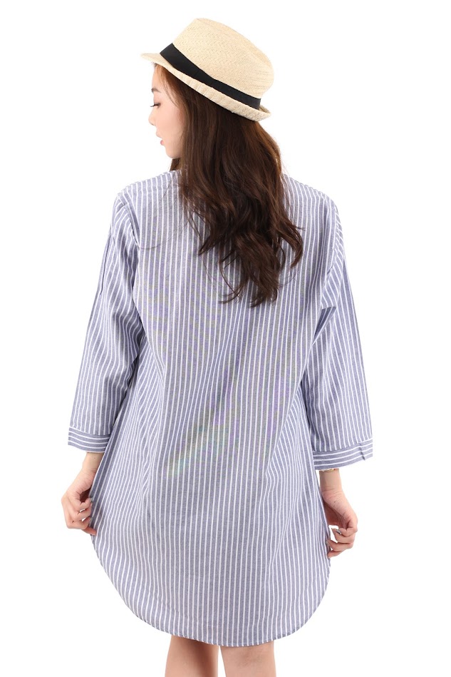 QA-206 Women Stripe Long Top Blue Grey