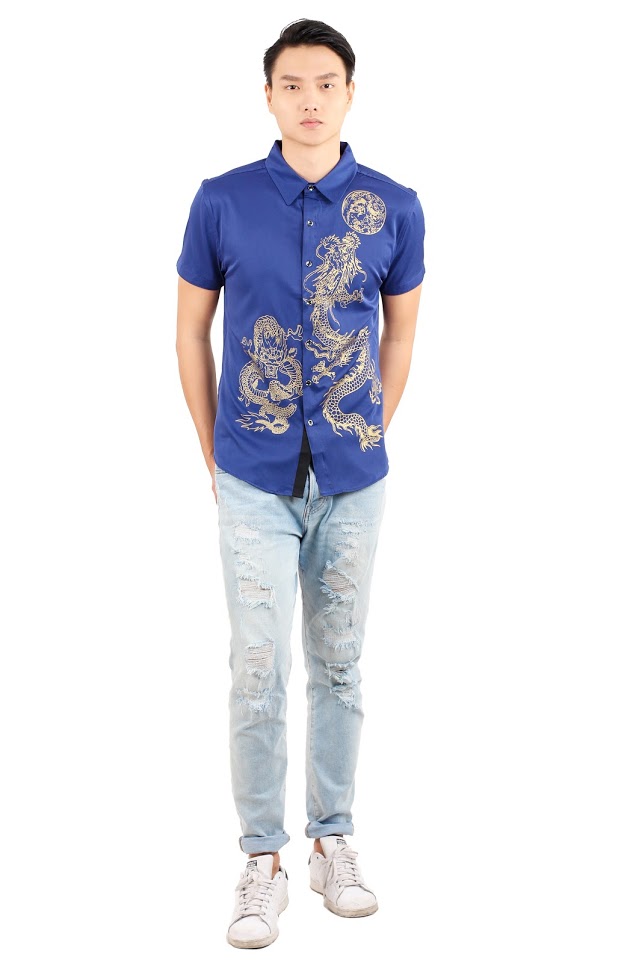 QA-283 Printed Fashion Men Shirt Blue