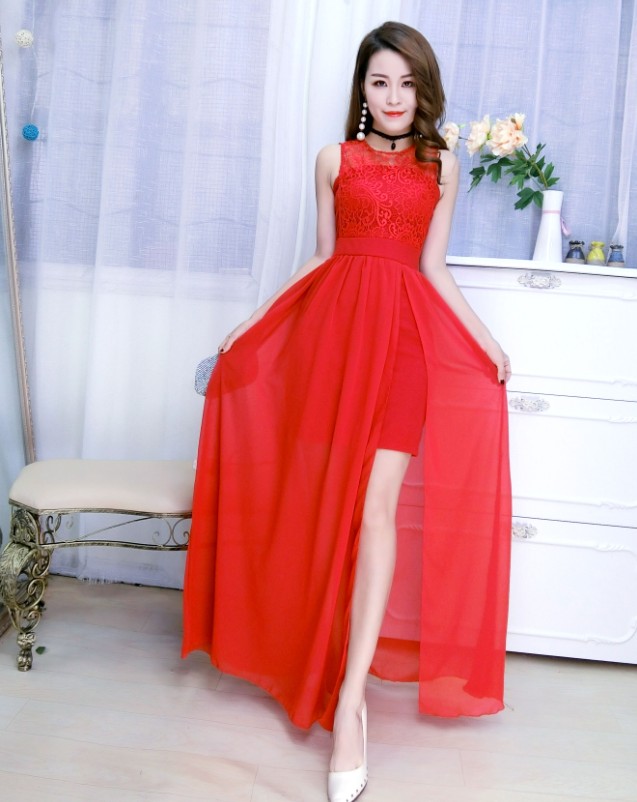 GW2160 Elegant Maxi Dress Red