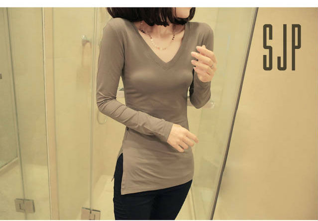 KF514 Long Sleeved V-Neck T-Shirt Khaki