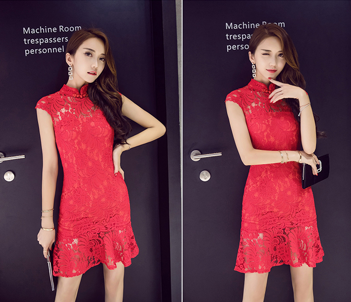 VW12225 Trendy Lace Cheongsam Red