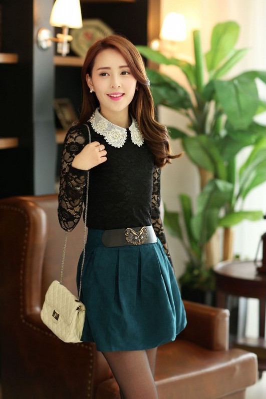 WT21015 Korea Fashion Lace Top Black