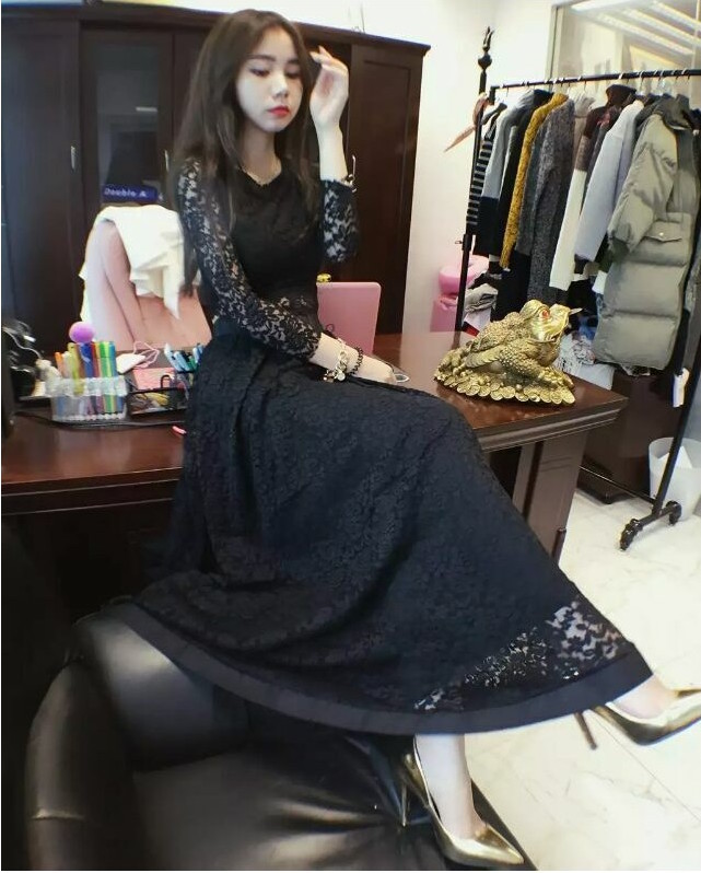 WT21051 Fashion Lace Top and Skirt Set Black