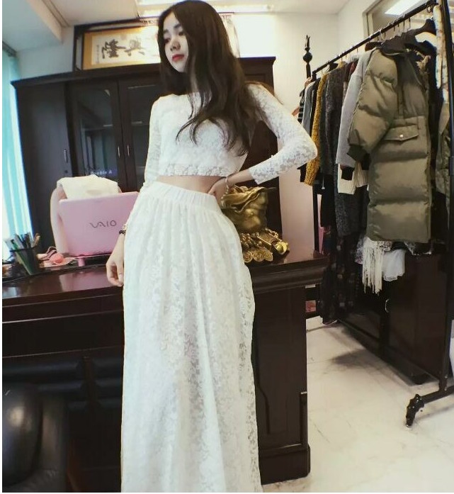 WT21051 Fashion Lace Top and Skirt Set White