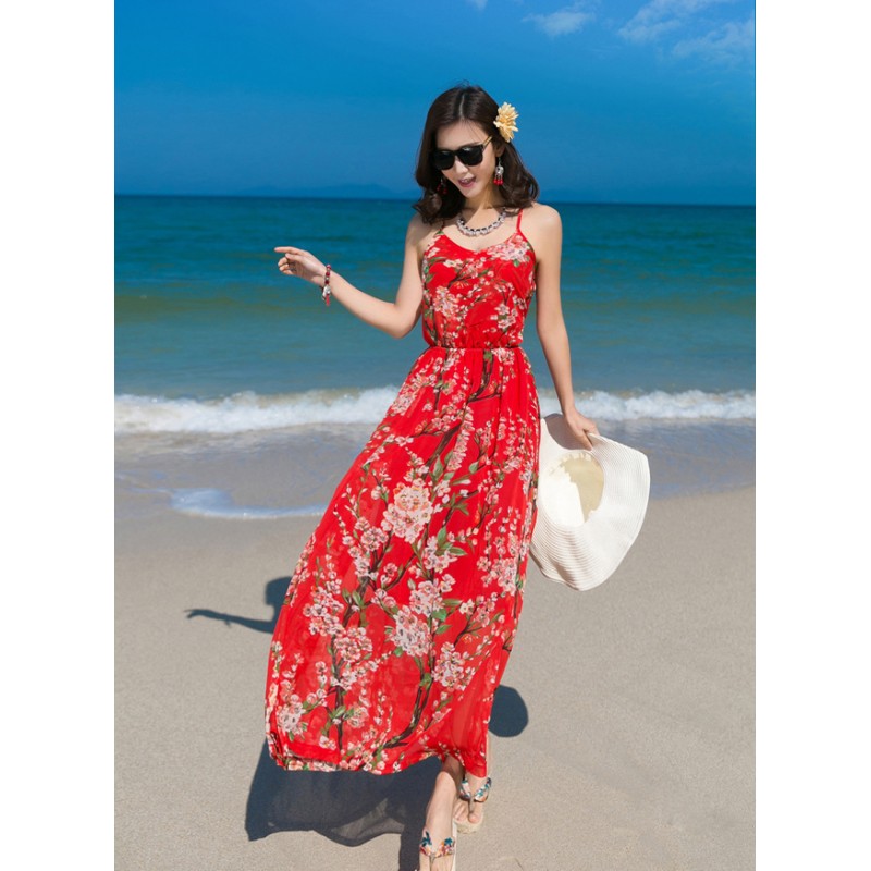 WD21061 Floral Chiffon Dress Red