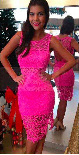 WD21084 Europe Fashion Lace Dress Dark Pink