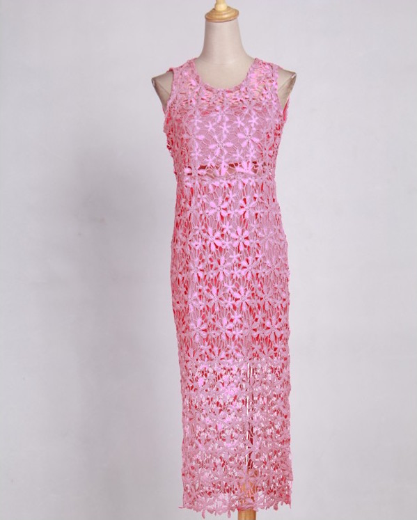 WD21084 Europe Fashion Lace Dress Dark Pink