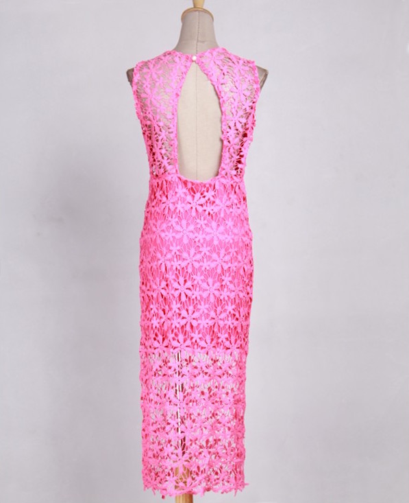 WD21084 Europe Fashion Lace Dress Dark Pink