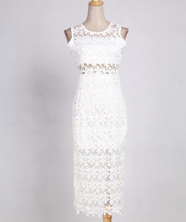 WD21084 Europe Fashion Lace Dress White