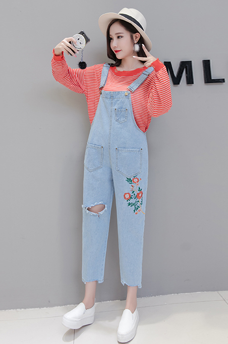 GW2195 Lovely Floral Denim Jumpsuit Blue