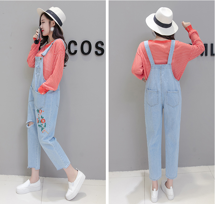 GW2195 Lovely Floral Denim Jumpsuit Blue