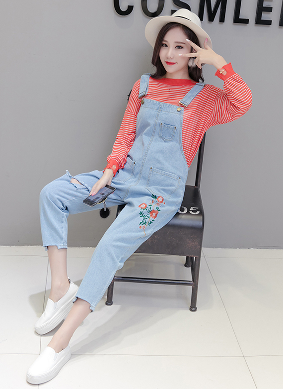 GW2195 Lovely Floral Denim Jumpsuit Blue