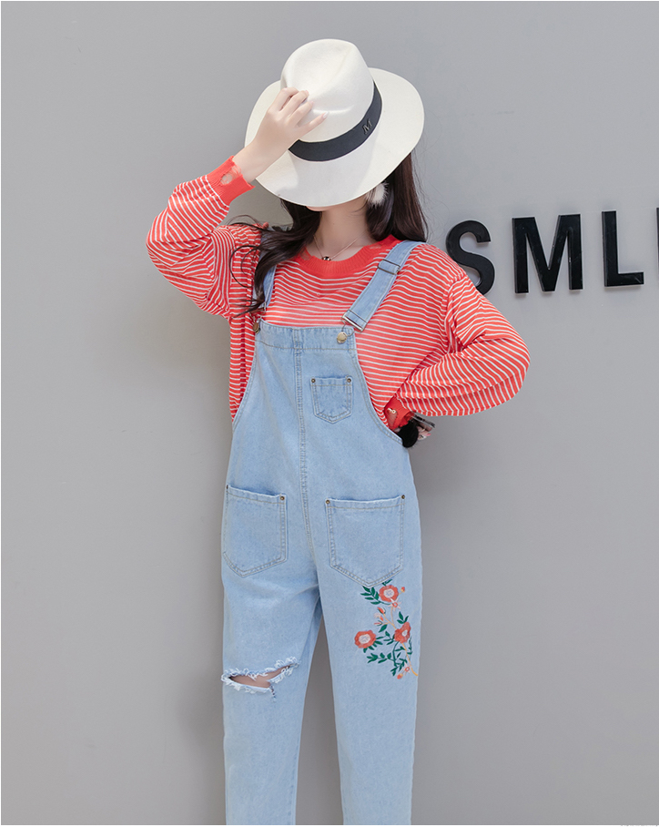 GW2195 Lovely Floral Denim Jumpsuit Blue