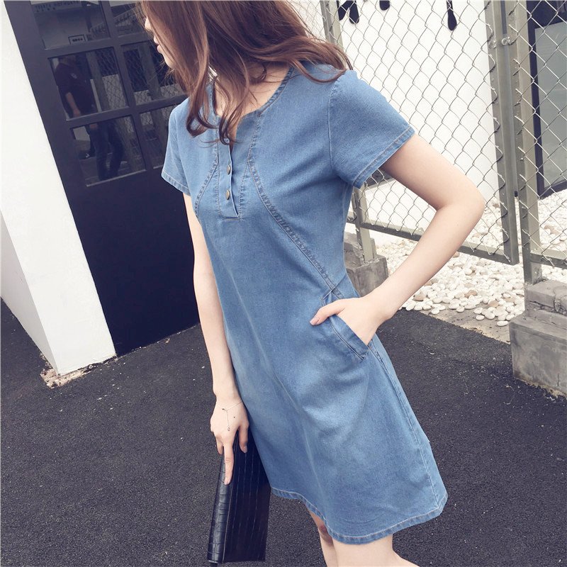 WD3865 Fashion Denim Dress Light Blue