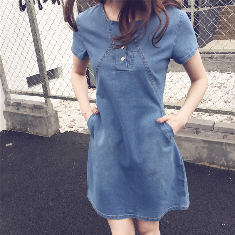 WD3865 Fashion Denim Dress Light Blue