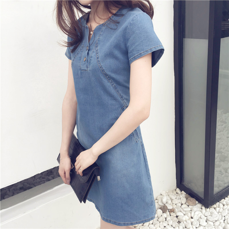 WD3865 Fashion Denim Dress Light Blue