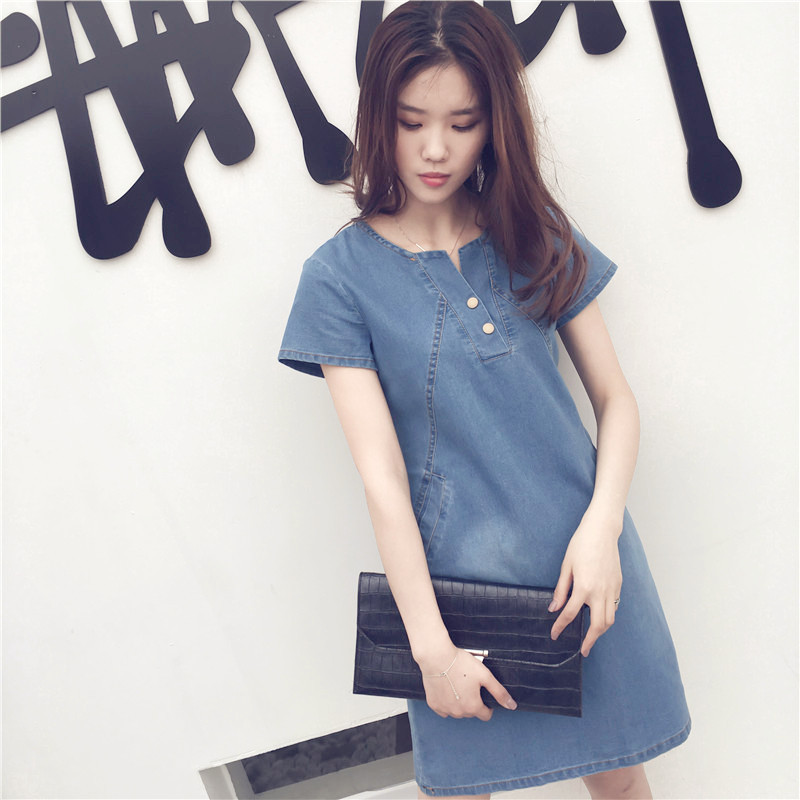 WD3865 Fashion Denim Dress Light Blue