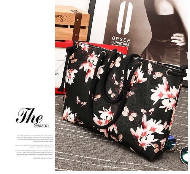 KW80223 Floral Butterfly Tote Bag Black