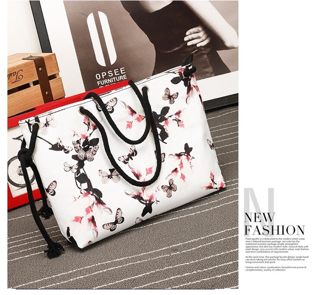 KW80223 Floral Butterfly Tote Bag White