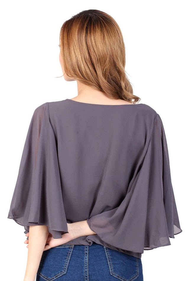 QA-330 Elegant Cape Sleeves Top Grey