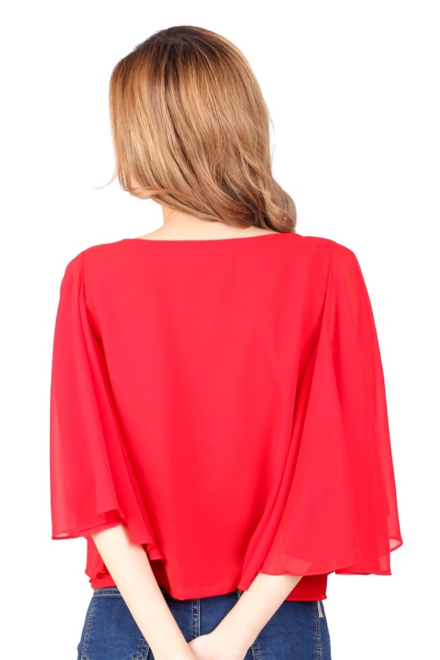 QA-330 Elegant Cape Sleeves Top Red