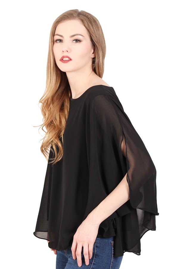 QA-345 Stylish Flared Sleeves Top Black