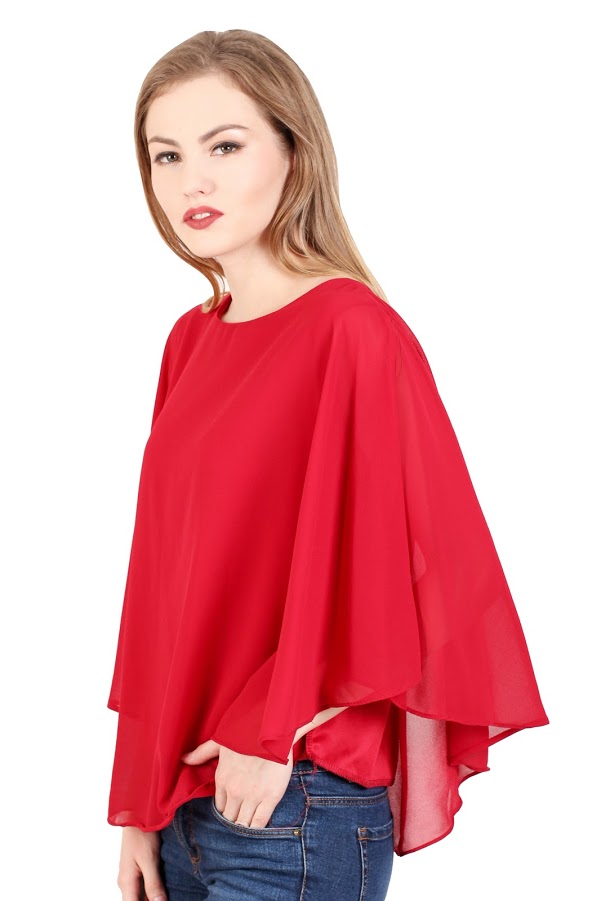 QA-345 Stylish Flared Sleeves Top Red