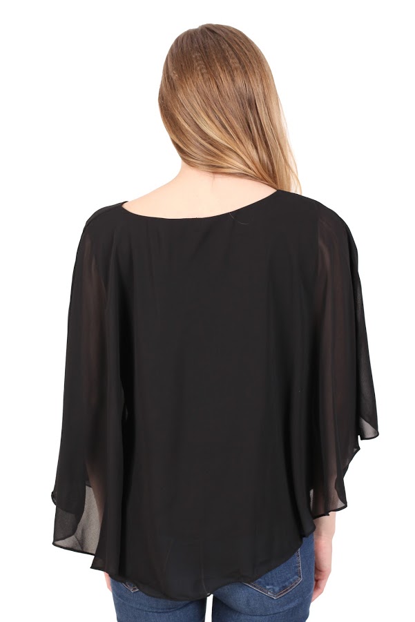 QA-345 Stylish Flared Sleeves Top Black