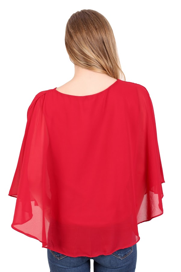 QA-345 Stylish Flared Sleeves Top Red