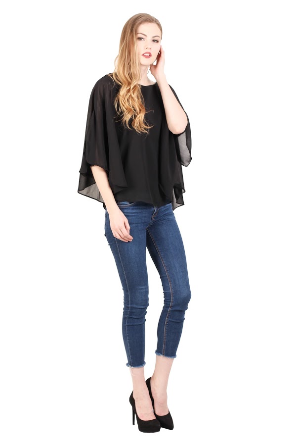 QA-345 Stylish Flared Sleeves Top Black