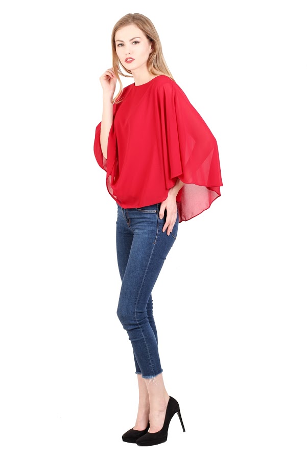 QA-345 Stylish Flared Sleeves Top Red