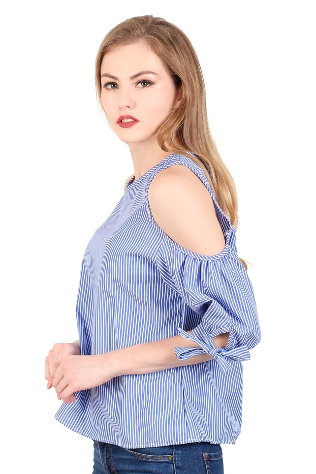 QA-347 Women Cold Shoulder Top Blue