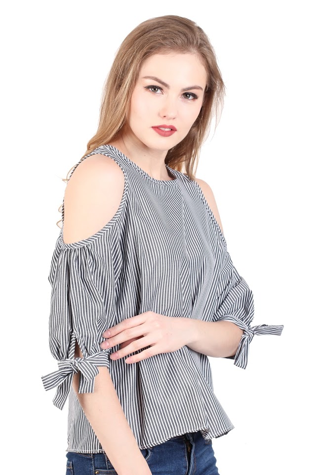 QA-347 Women Cold Shoulder Top Grey