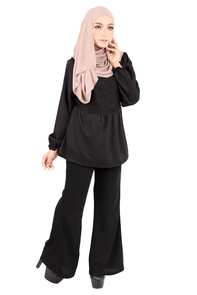 QA-367 Muslimah Waistband Peplum Top Black