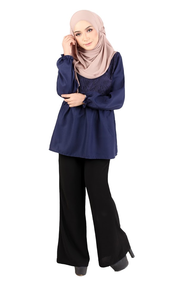 QA-367 Muslimah Waistband Peplum Top Dark Blue