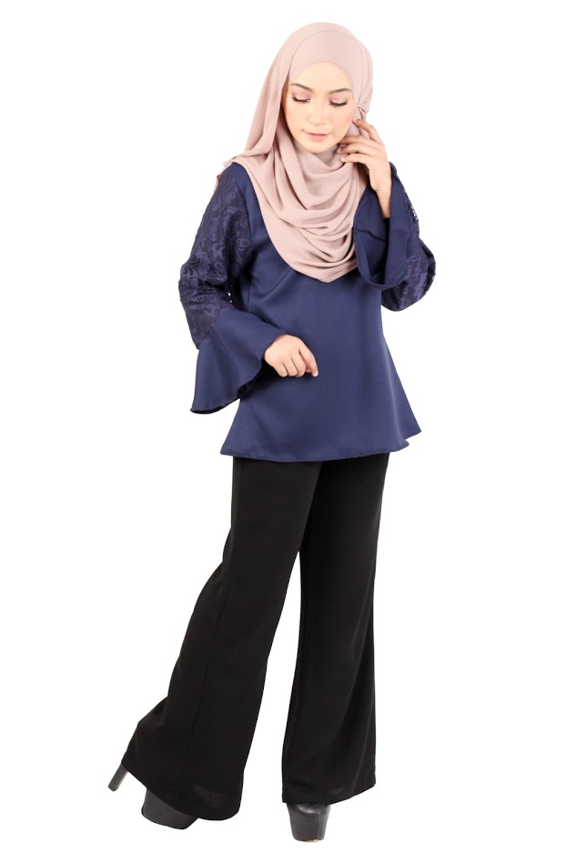 QA-366 Muslimah Flounce Sleeves Blouse Blue