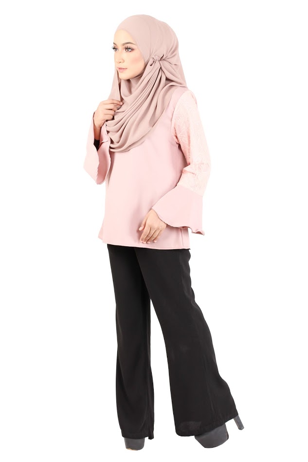 QA-366 Muslimah Flounce Sleeves Blouse Dust Pink