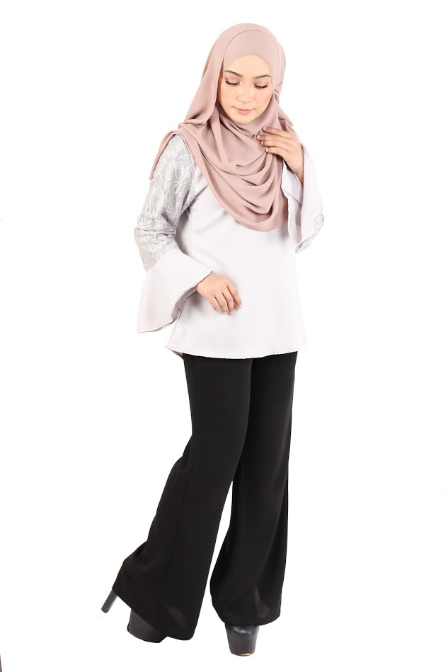 QA-366 Muslimah Flounce Sleeves Blouse Grey