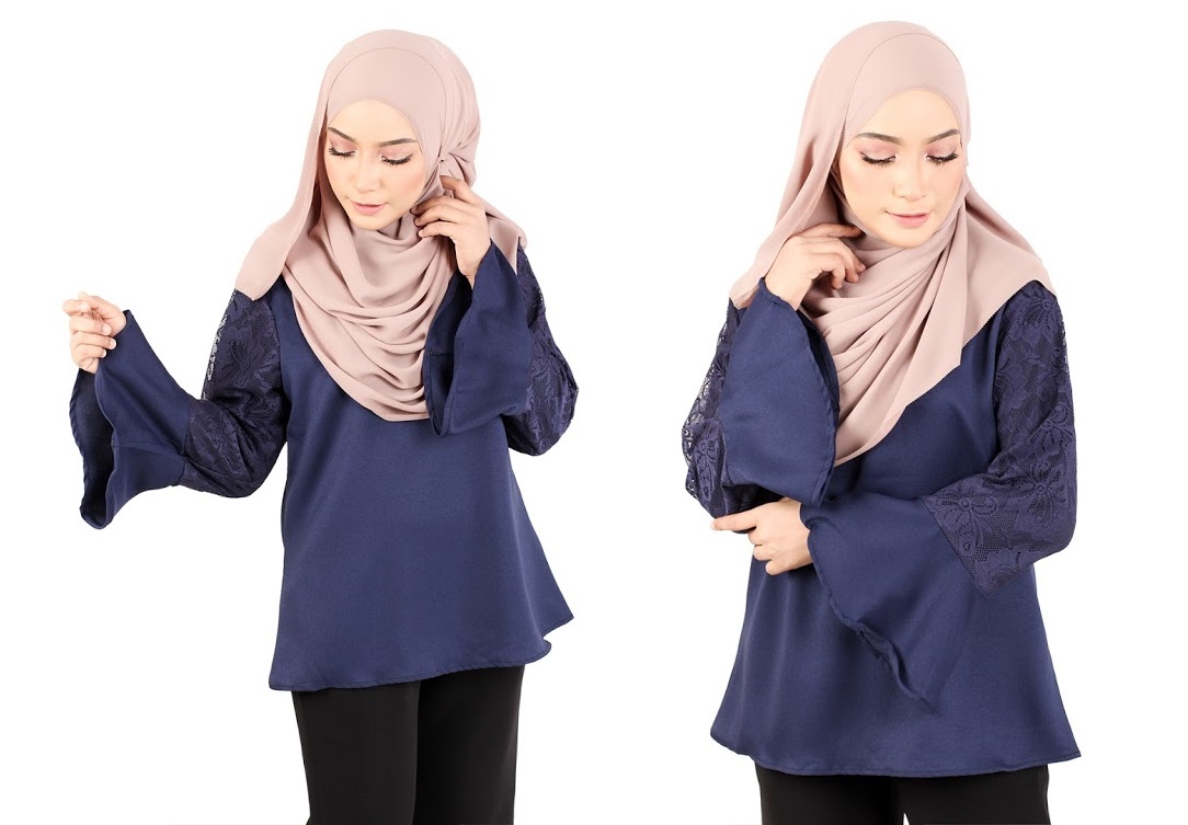 QA-366 Muslimah Flounce Sleeves Blouse Blue