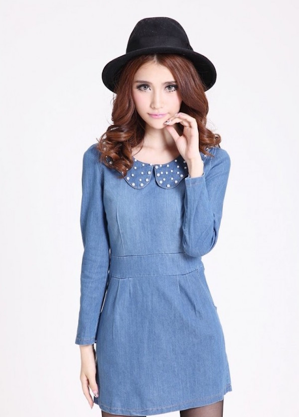 WD21361 Fashion Denim Dress Light Blue