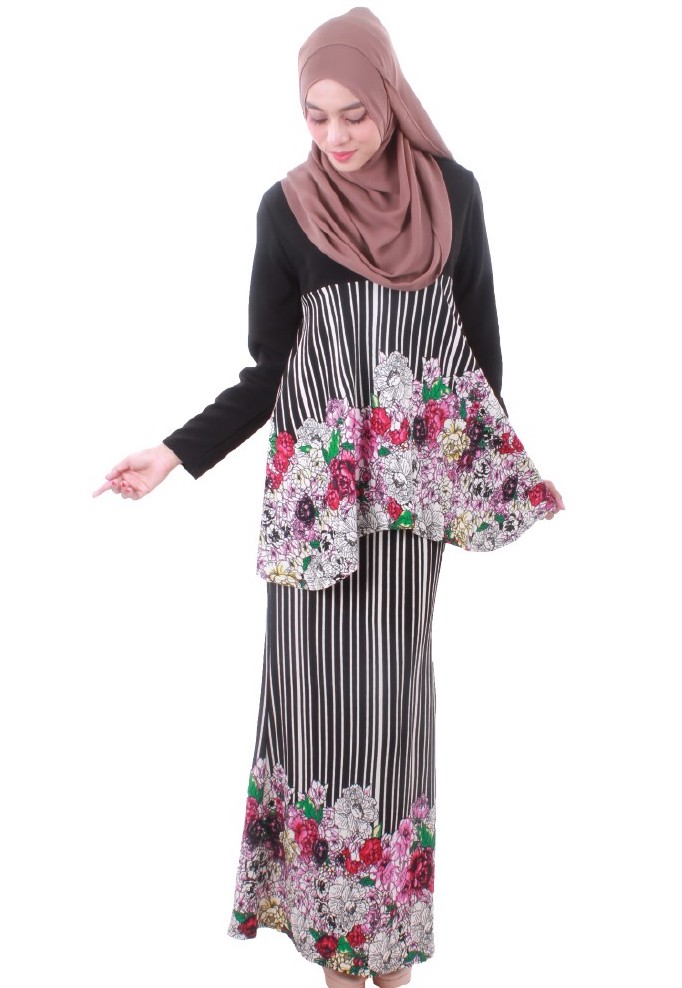 MH009 Floral Baju Kurung Black