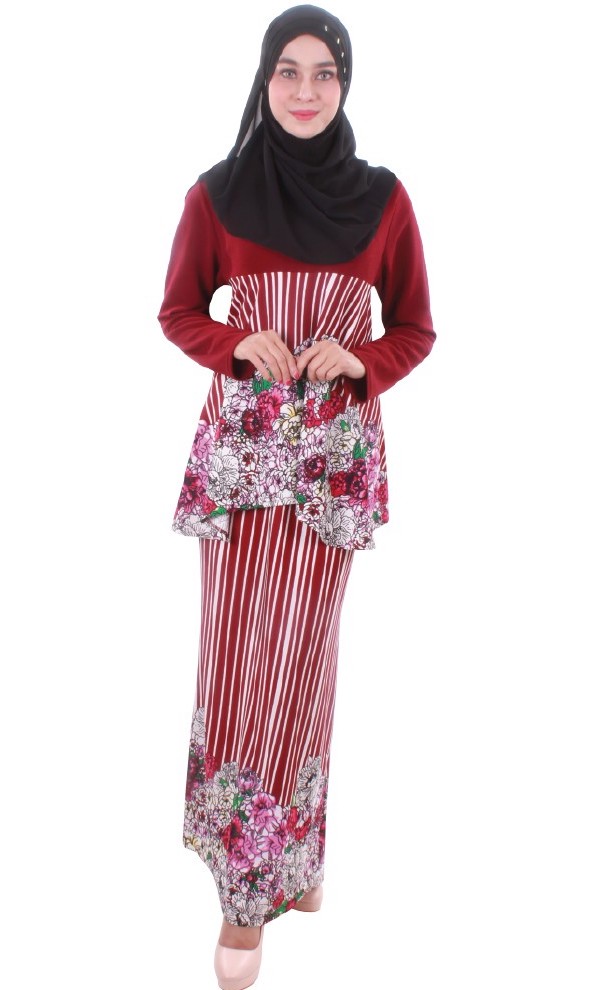 MH009 Floral Baju Kurung Maroon