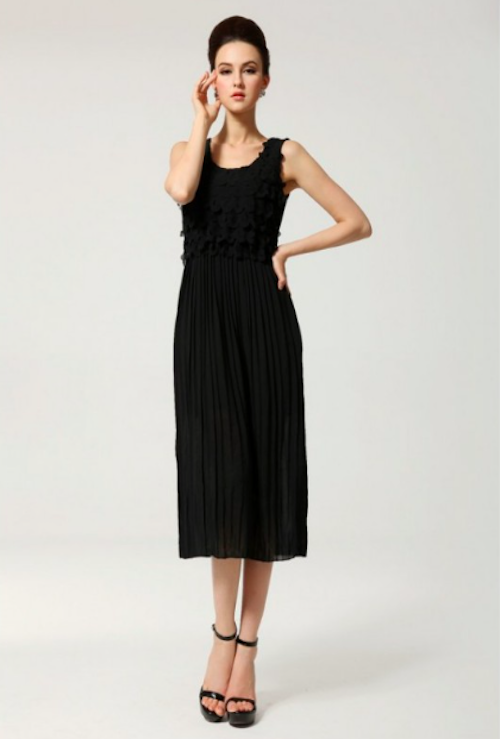 WD21506 Ruffle Pleated Dress Black