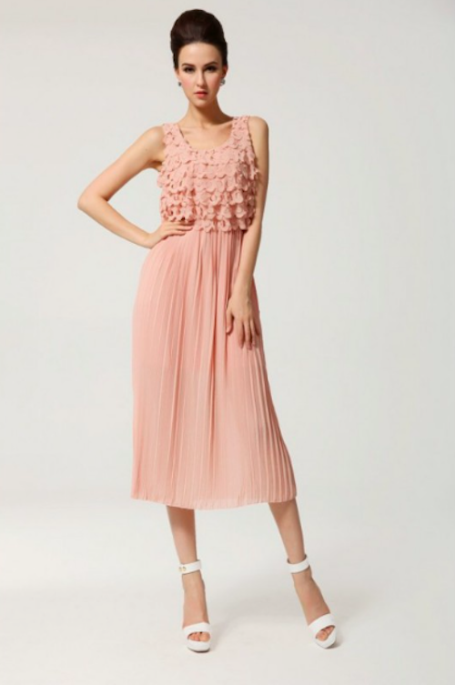 WD21506 Ruffle Pleated Dress Pink