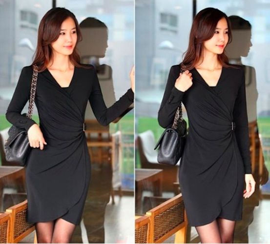 WD21508 Elegant Wrap Design Dress Black