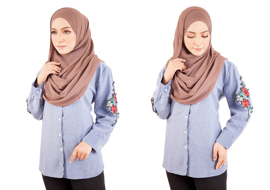 QA-400 Women Rose Embroidery Top Blue Grey